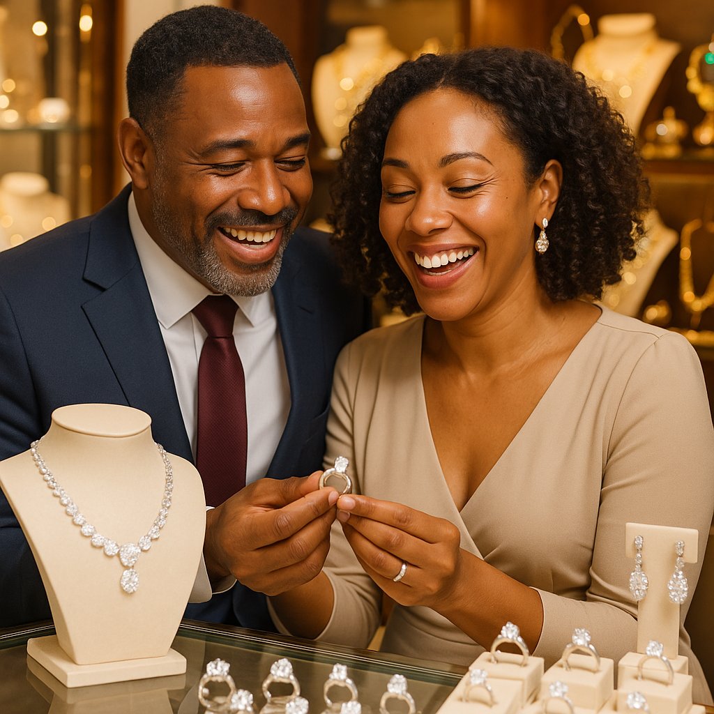 A close-up of a magnificent diamond anniversary band and a classic solitaire ring, symbolizing 60 years of marriage
