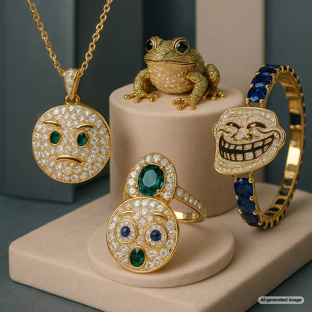 Playful collage of viral memes next to trendy jewelry pieces like evil eye bracelets and unicorn rings