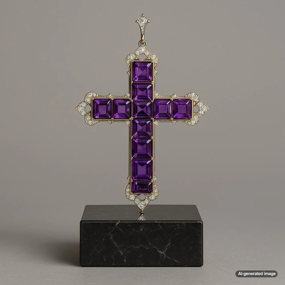 Kim Kardashian wearing Princess Diana's diamond and amethyst Attallah Cross necklace