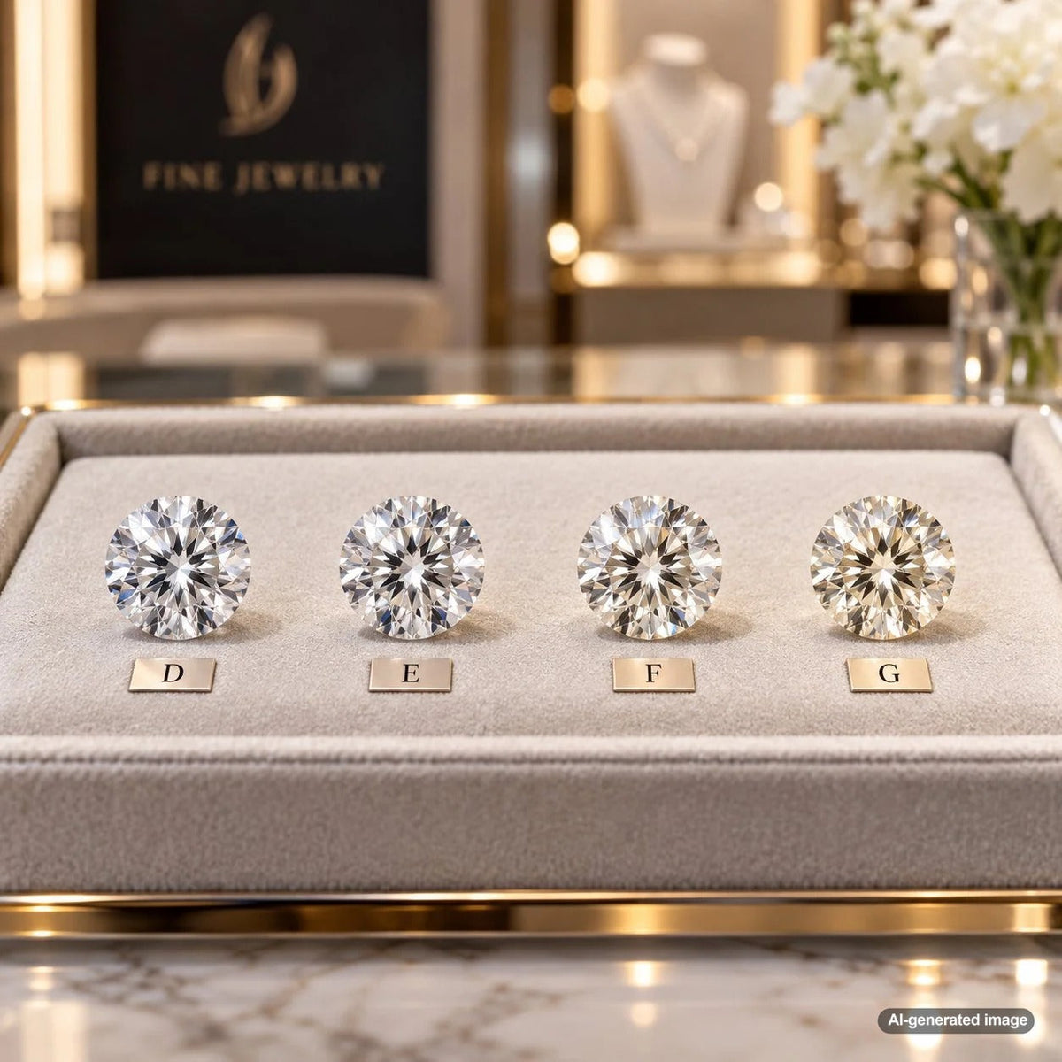 Comparison of D, E, F, and G color lab-grown diamonds illustrating subtle differences between colorless and near-colorless diamond grades