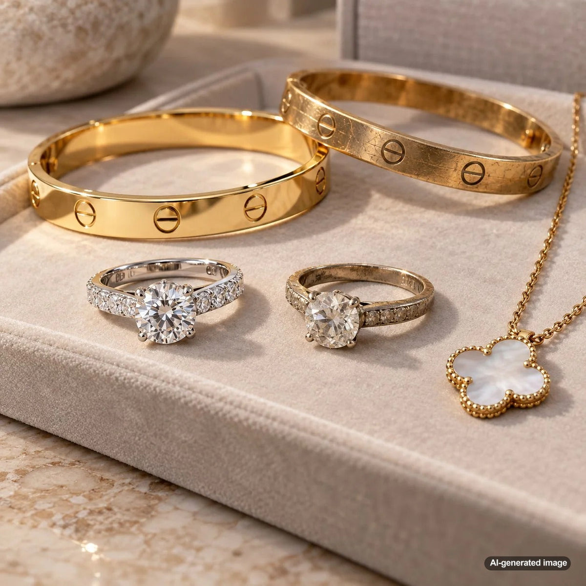 Pre-owned designer jewelry illustrating how scratches, wear, original craftsmanship, and overall condition influence luxury jewelry resale value