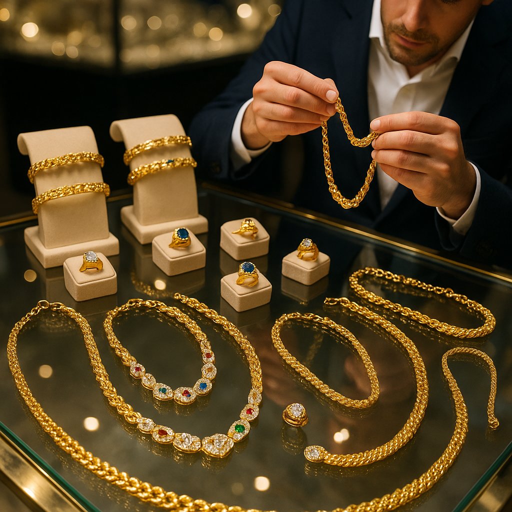 Pile of assorted gold coins and jewelry including bracelets and rings on a dark surface