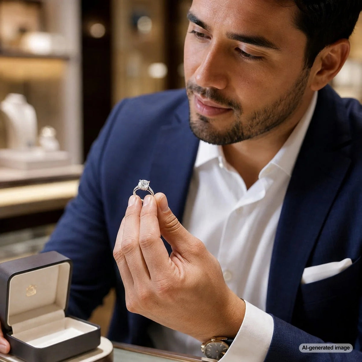A stunning, sparkling engagement ring from Robinson's Jewelers, featuring a brilliant center diamond, showcasing how to allocate your ring budget for maximum impact.