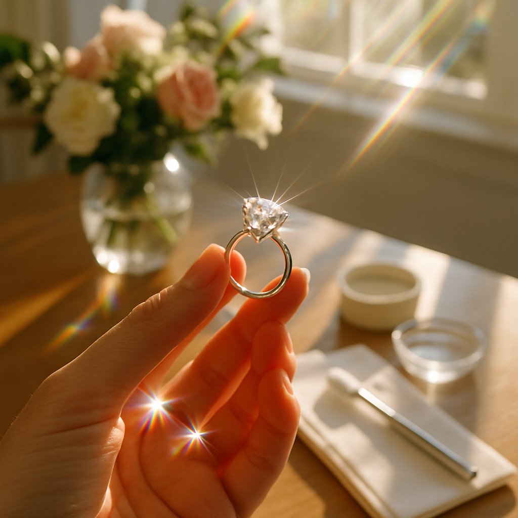 Close up of a woman's hand with a brilliant diamond engagement ring being cleaned with a soft brush