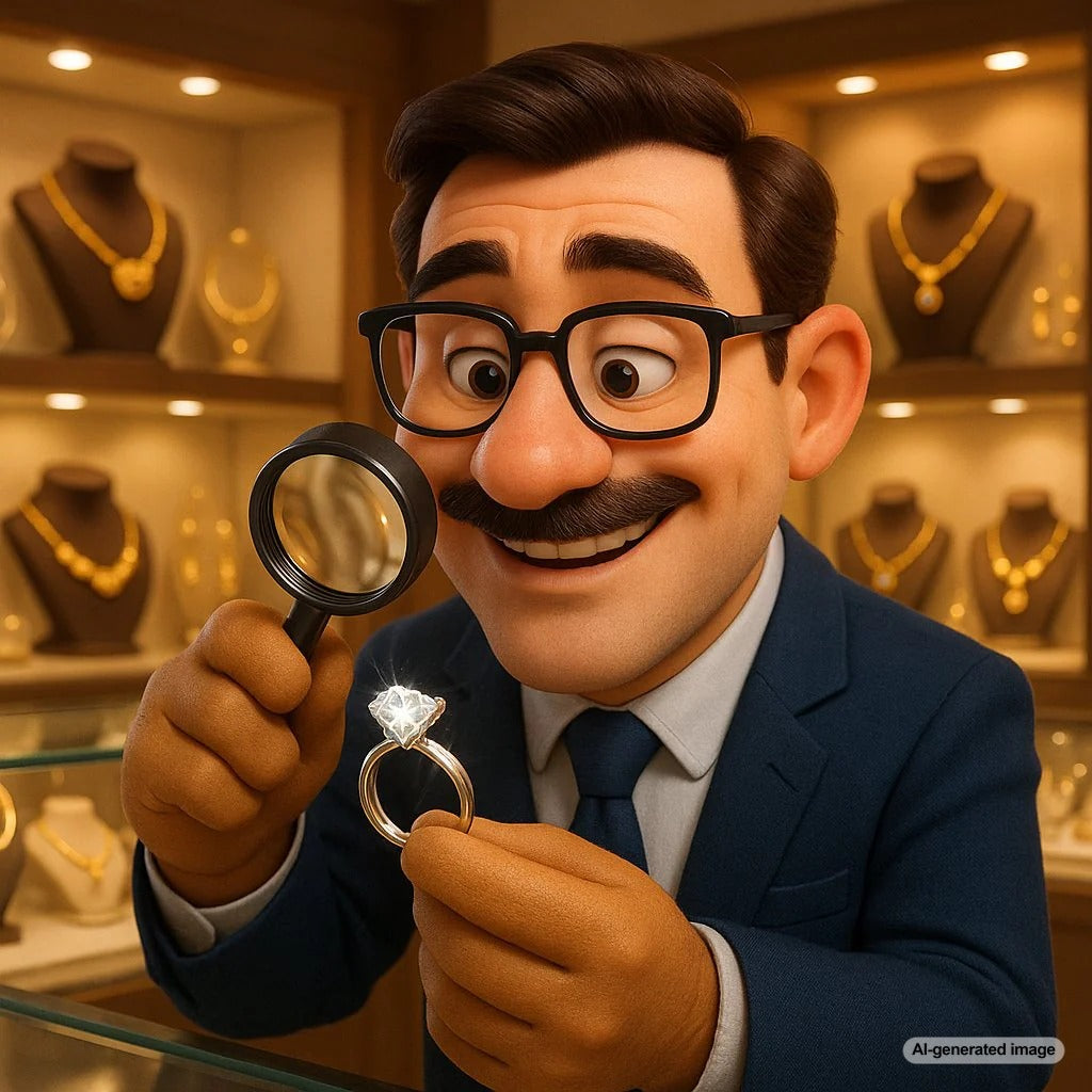 Close-up of jeweler inspecting prong settings on an engagement ring at Robinson's Jewelers