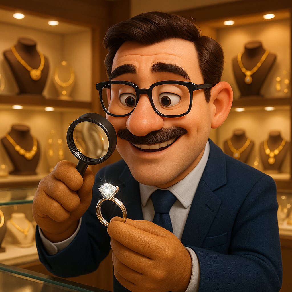 Close-up of jeweler inspecting prong settings on an engagement ring at Robinson's Jewelers