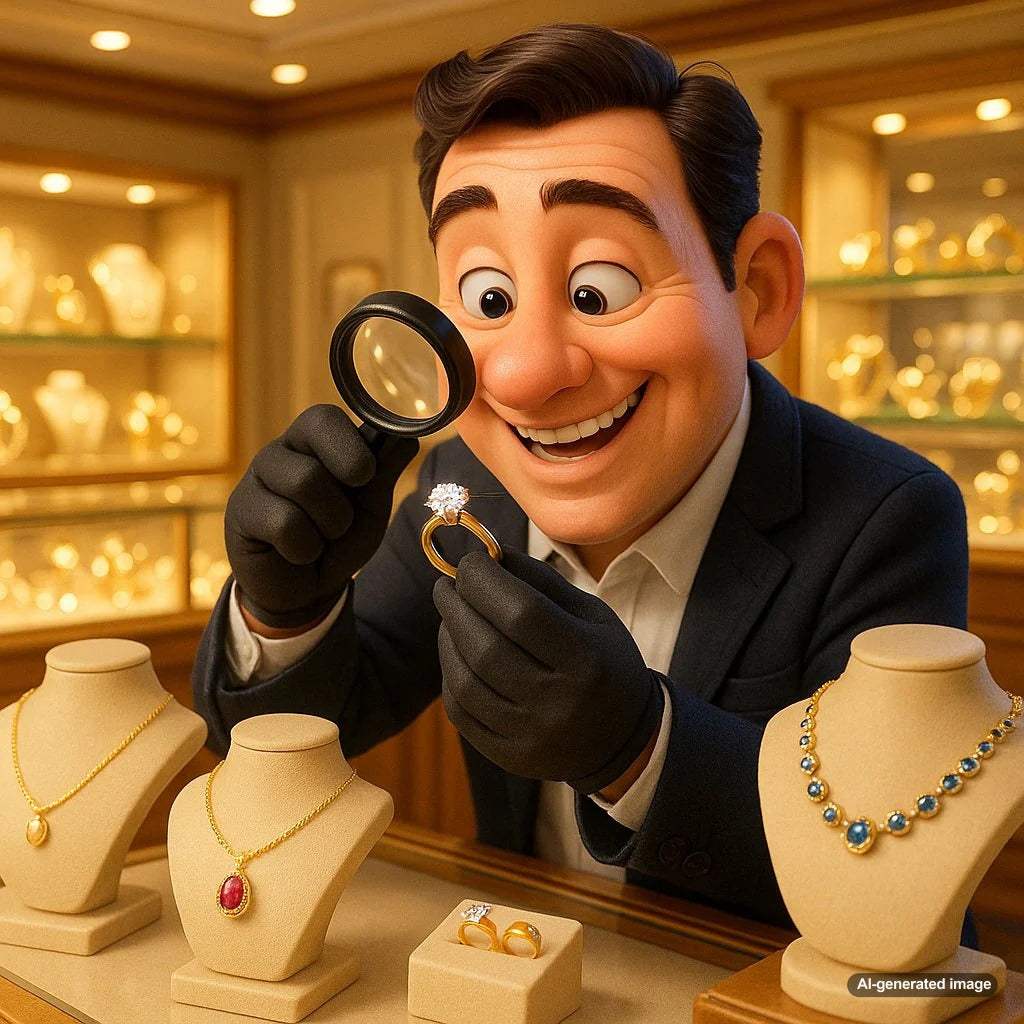 Close-up of diamond ring prong settings being inspected by professional jeweler at Robinson's Jewelers
