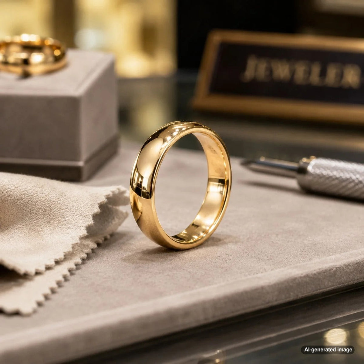 A beautifully polished wedding band sparkling on a luxurious satin surface, symbolizing the enduring brilliance and care of fine bridal jewelry.