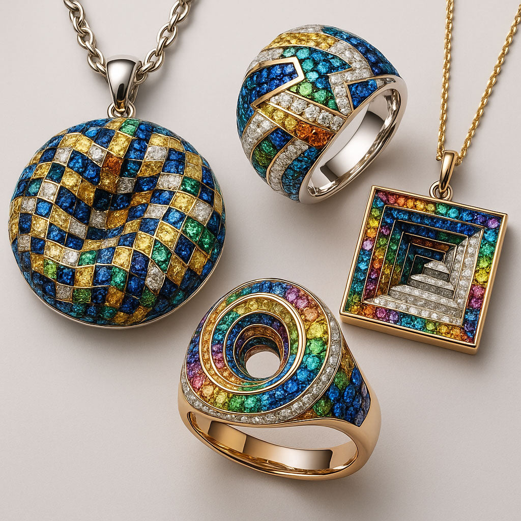 Optical illusion jewelry featuring a dazzling diamond ring with a halo setting