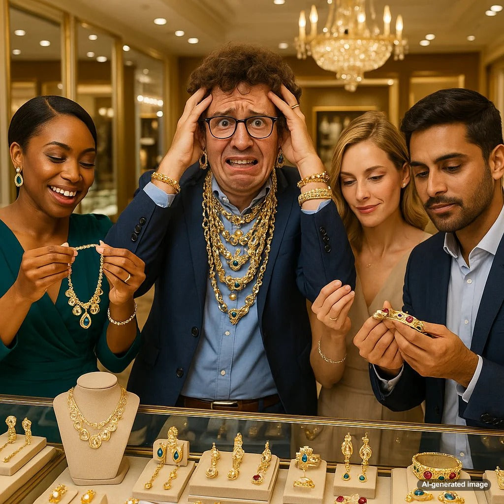 Woman thoughtfully choosing between different styles of jewelry representing various attachment styles