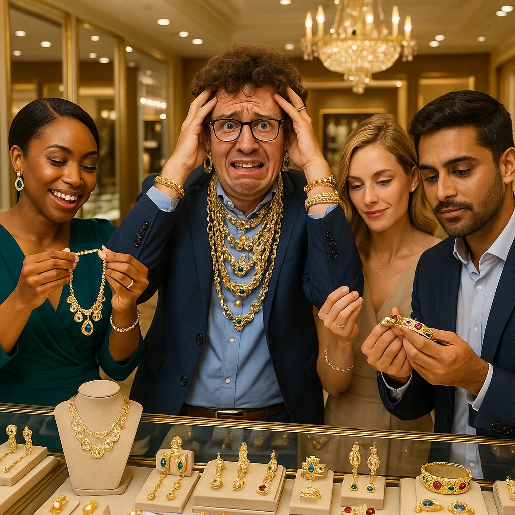 Woman thoughtfully choosing between different styles of jewelry representing various attachment styles