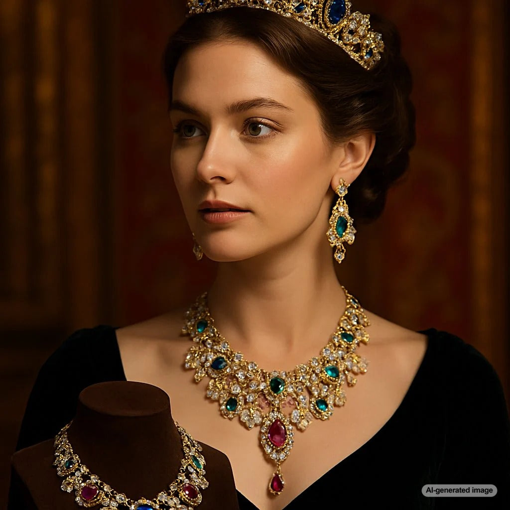 Opulent display of royal-inspired jewelry including tiaras, sapphire rings, and pearl necklaces throughout history