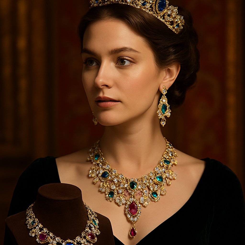 Opulent display of royal-inspired jewelry including tiaras, sapphire rings, and pearl necklaces throughout history