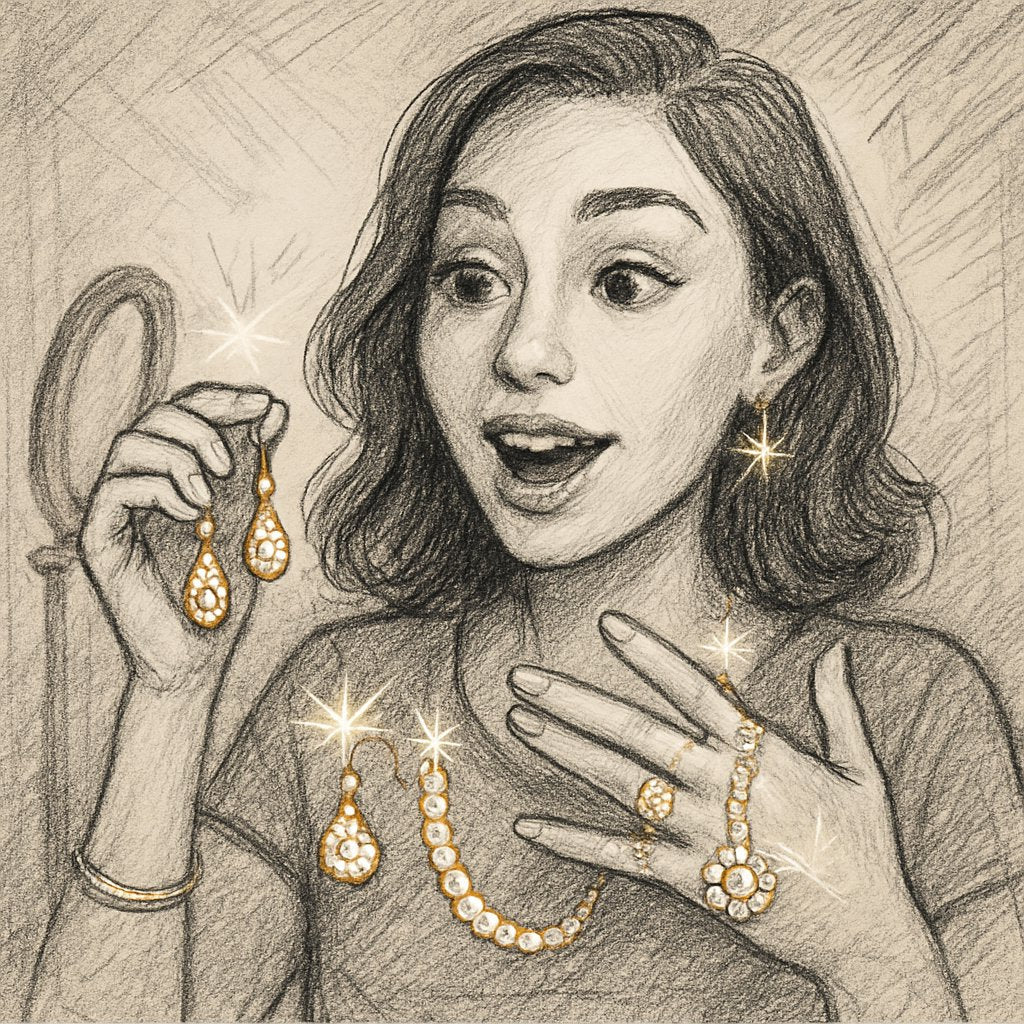 Influencer wearing layered necklaces and statement earrings showcasing current jewelry trends