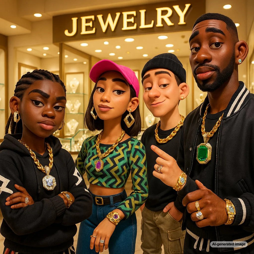Luxury streetwear-inspired jewelry featuring diamond chains, bold hoops, and urban-edge designs