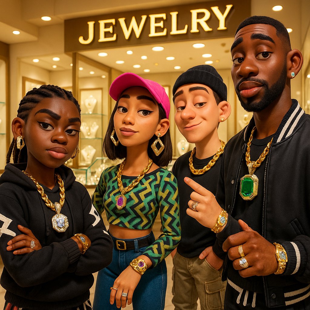 Luxury streetwear-inspired jewelry featuring diamond chains, bold hoops, and urban-edge designs