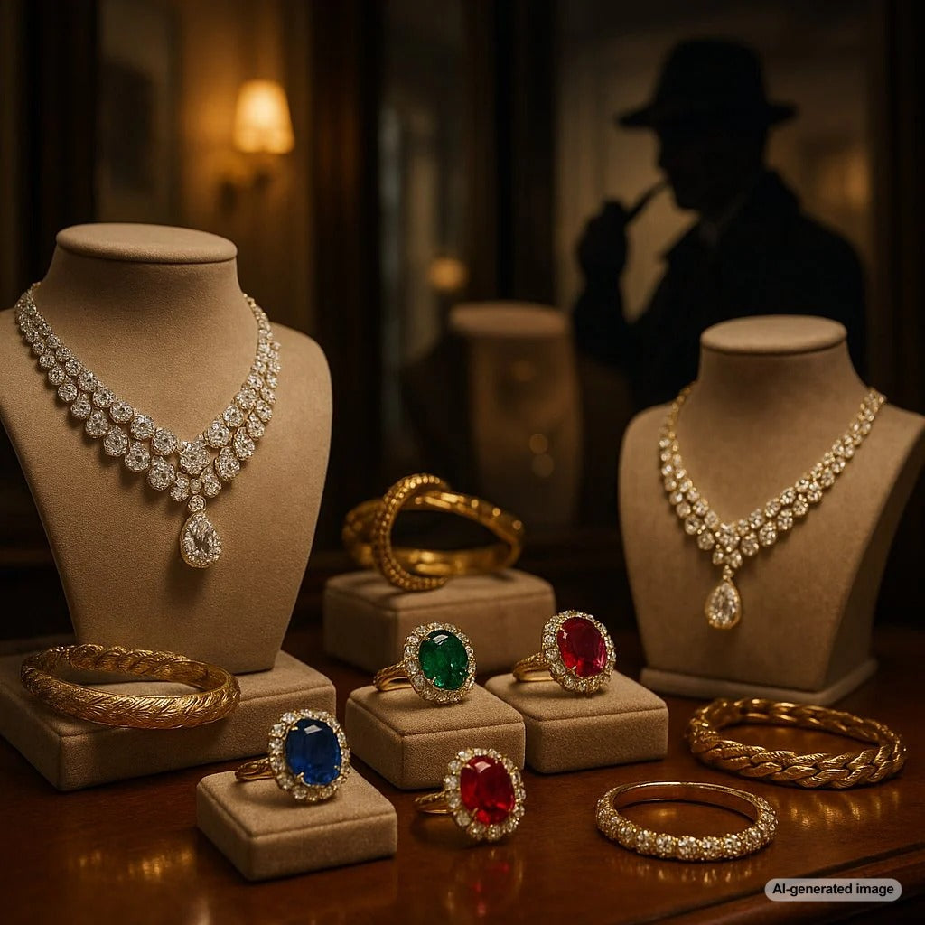 FBI investigating stolen jewelry cases with magnifying glass examining diamonds