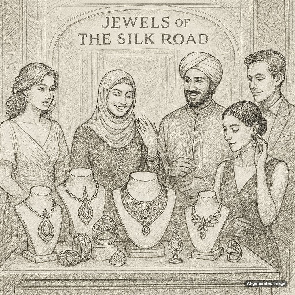 Antique jewelry pieces showing Silk Road influences with mixed cultural motifs and gemstones