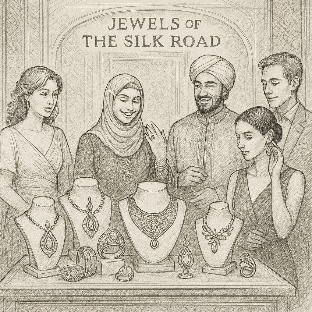 Antique jewelry pieces showing Silk Road influences with mixed cultural motifs and gemstones