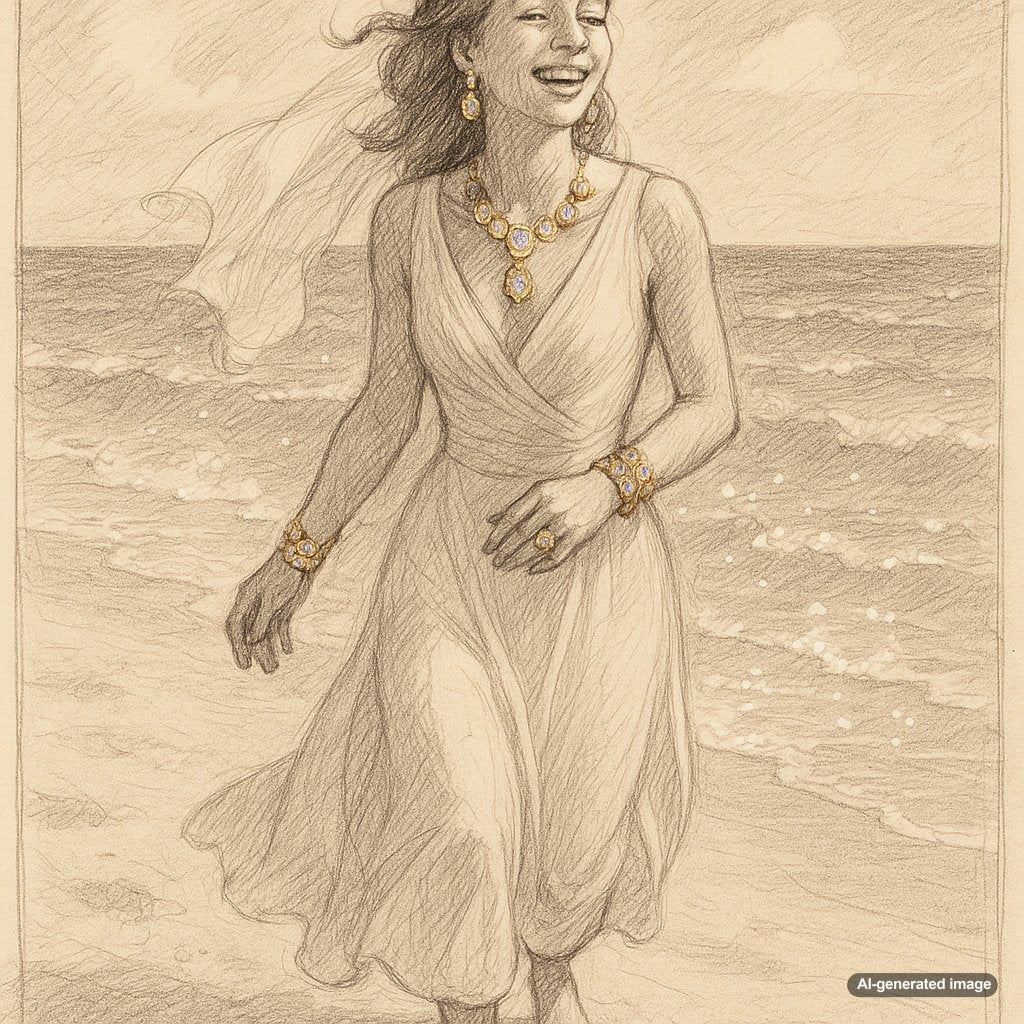 Elegant beach wedding jewelry setup featuring diamond earrings, a delicate bracelet, and a sparkling engagement ring on a seashell with ocean waves in the background