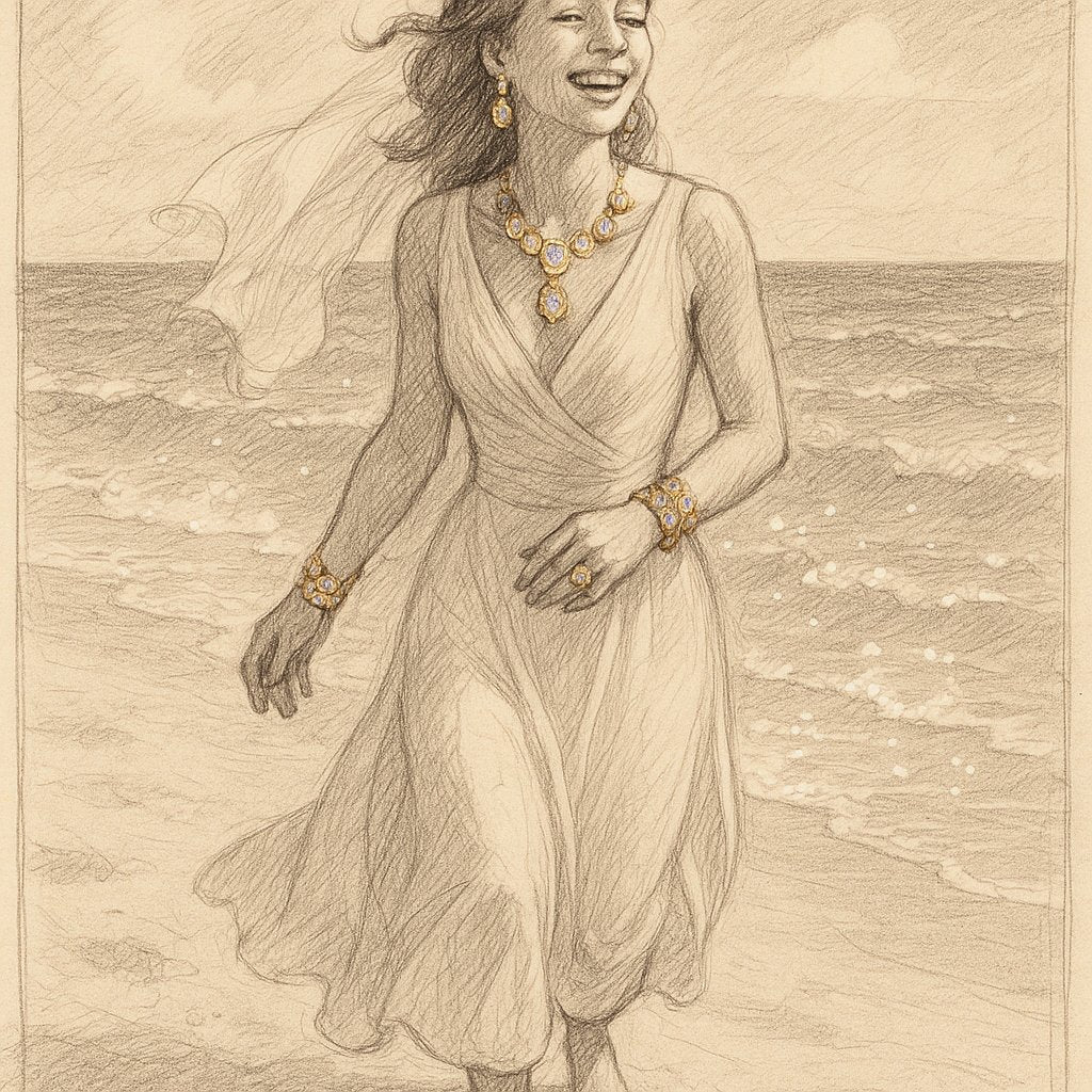 Elegant beach wedding jewelry setup featuring diamond earrings, a delicate bracelet, and a sparkling engagement ring on a seashell with ocean waves in the background