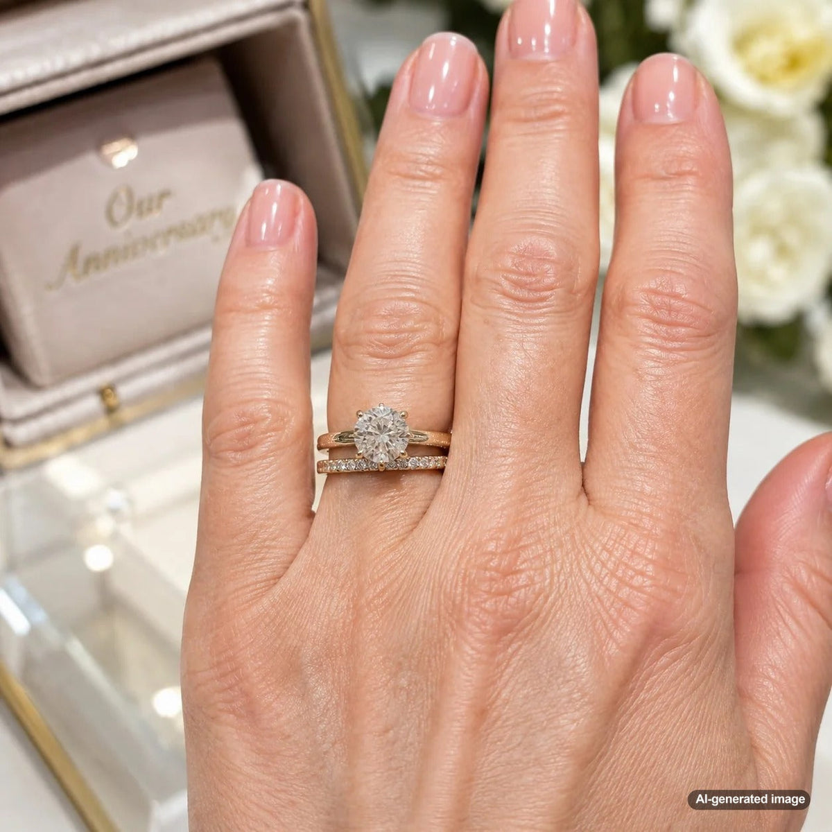 Elegant anniversary band styled with a diamond engagement ring and wedding band in a slim coordinated ring stack