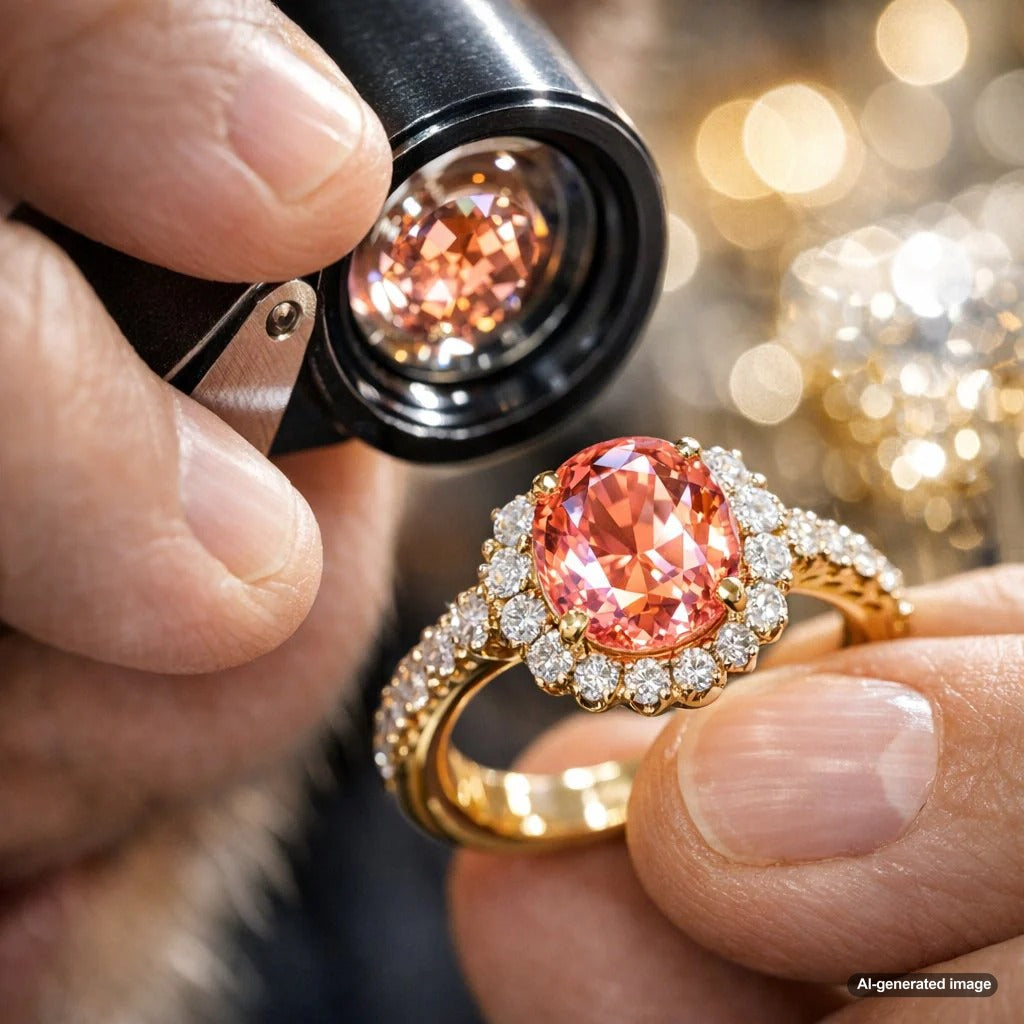 A stunning close-up of a fine Padparadscha sapphire set in a diamond ring, showcasing its unique and subtle color gradients of pink and orange, reminiscent of a sunset.