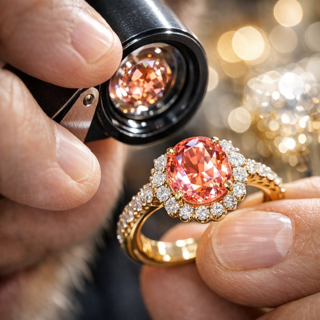 A stunning close-up of a fine Padparadscha sapphire set in a diamond ring, showcasing its unique and subtle color gradients of pink and orange, reminiscent of a sunset.