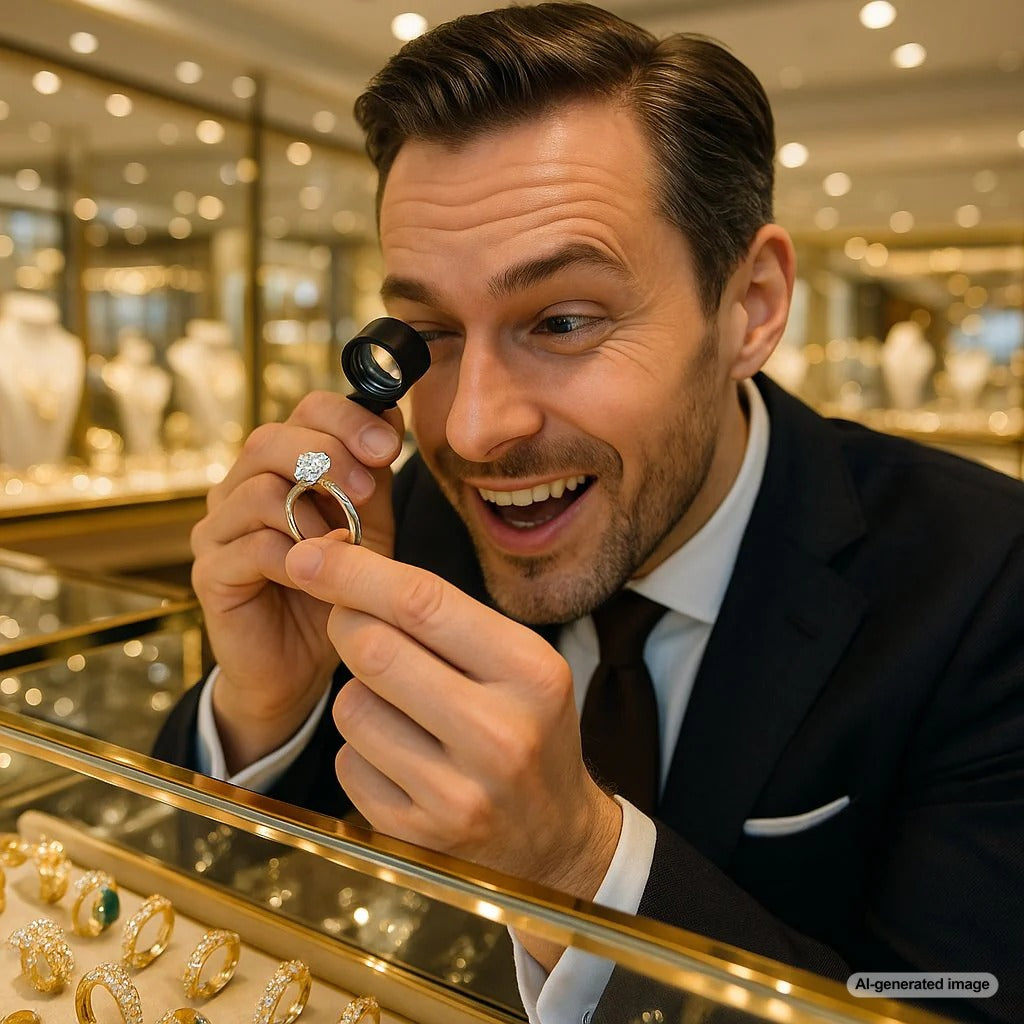 Close-up of authentic luxury jewelry hallmarks and gemstones with magnifying glass