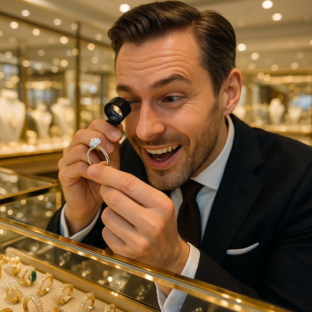 Close-up of authentic luxury jewelry hallmarks and gemstones with magnifying glass