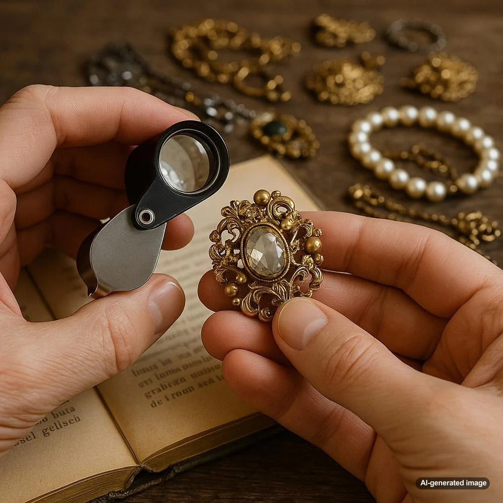 Close-up of vintage jewelry hallmarks and intricate designs for authentication