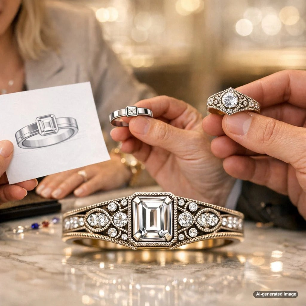 A stunning custom ring blending a vintage-inspired filigree setting with a sleek, modern-cut diamond, symbolizing the fusion of two distinct jewelry styles.