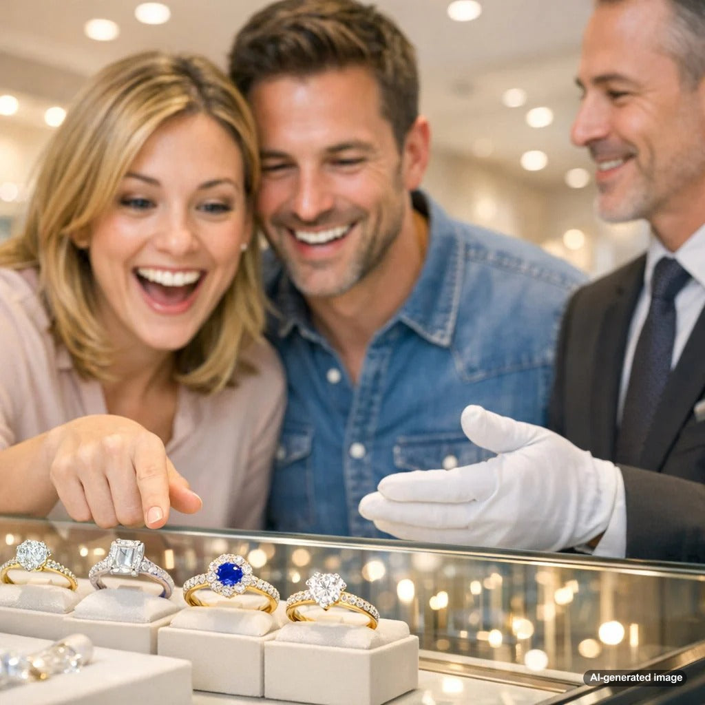 A couple smiling while looking at engagement rings together at Robinson's Jewelers, with a focus on a beautiful diamond ring.