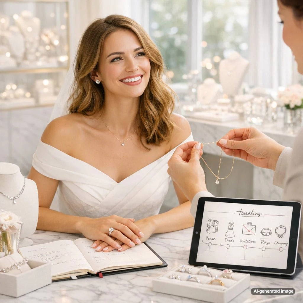 Elegant bridal jewelry flat lay featuring diamond engagement ring, pearl earrings, tennis bracelet, and hair comb on silk