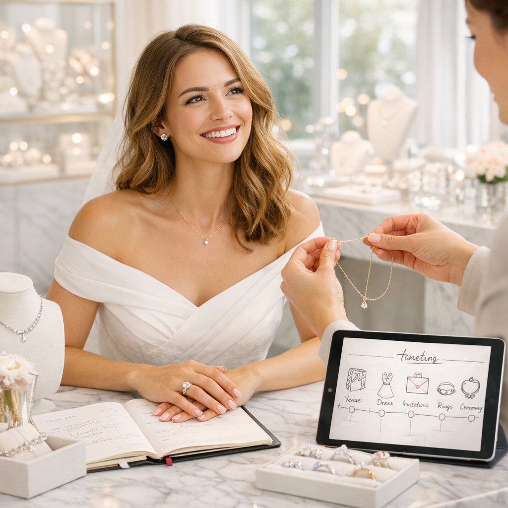 Elegant bridal jewelry flat lay featuring diamond engagement ring, pearl earrings, tennis bracelet, and hair comb on silk