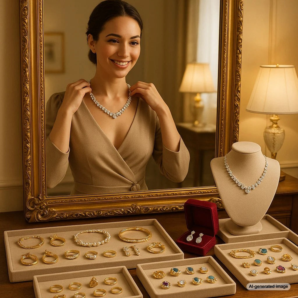Elegant jewelry collection showing pieces that span decades including diamond studs, tennis bracelet, pearl necklace and cocktail ring displayed at Robinson's Jewelers