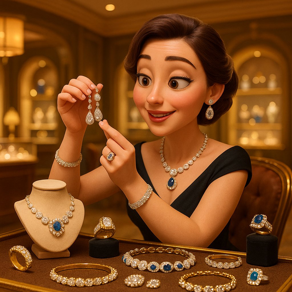 Elegant display of affordable luxury jewelry including diamond rings, gemstone necklaces, and gold bracelets