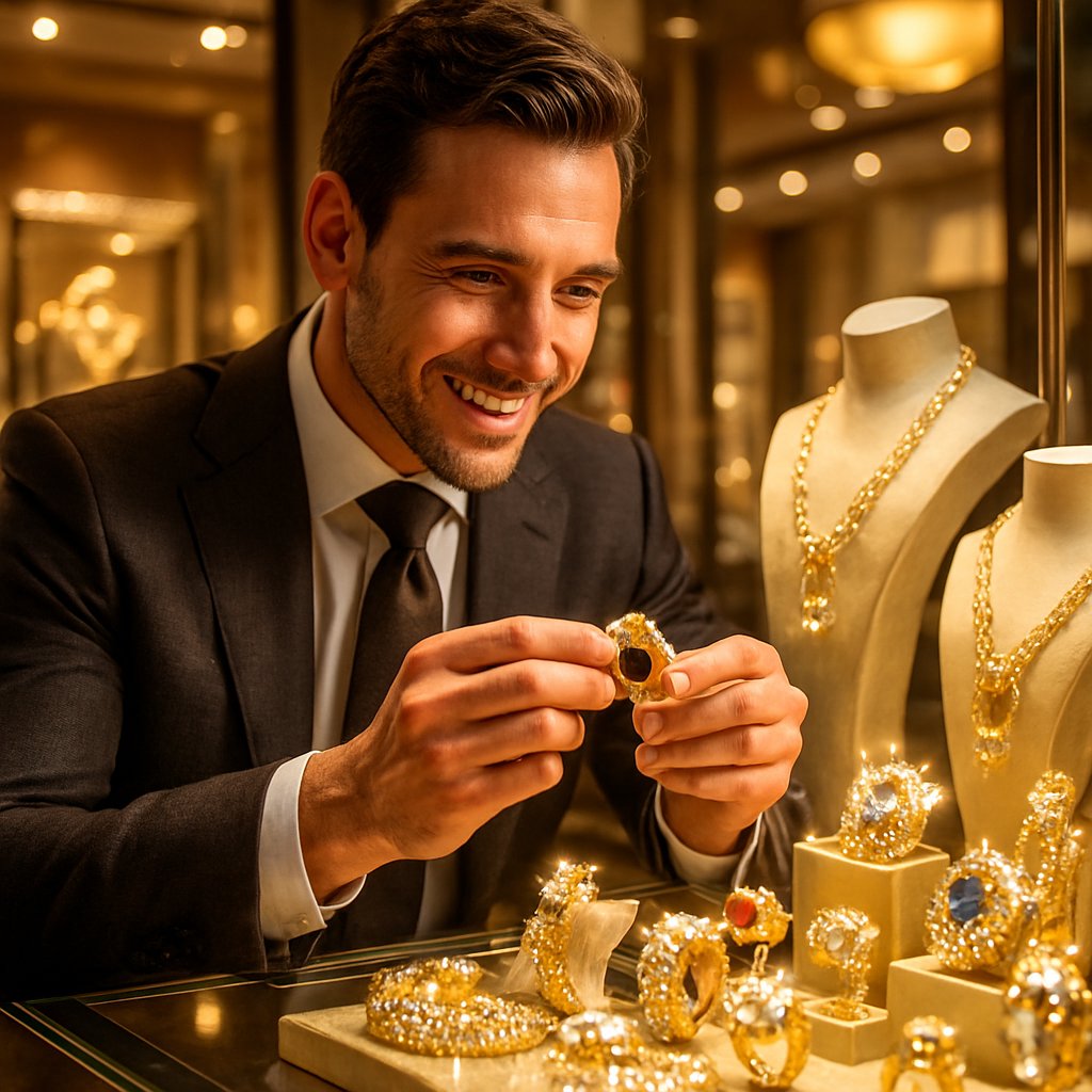 A curated selection of men's jewelry including rings, bracelets, and a watch displayed on a dark surface