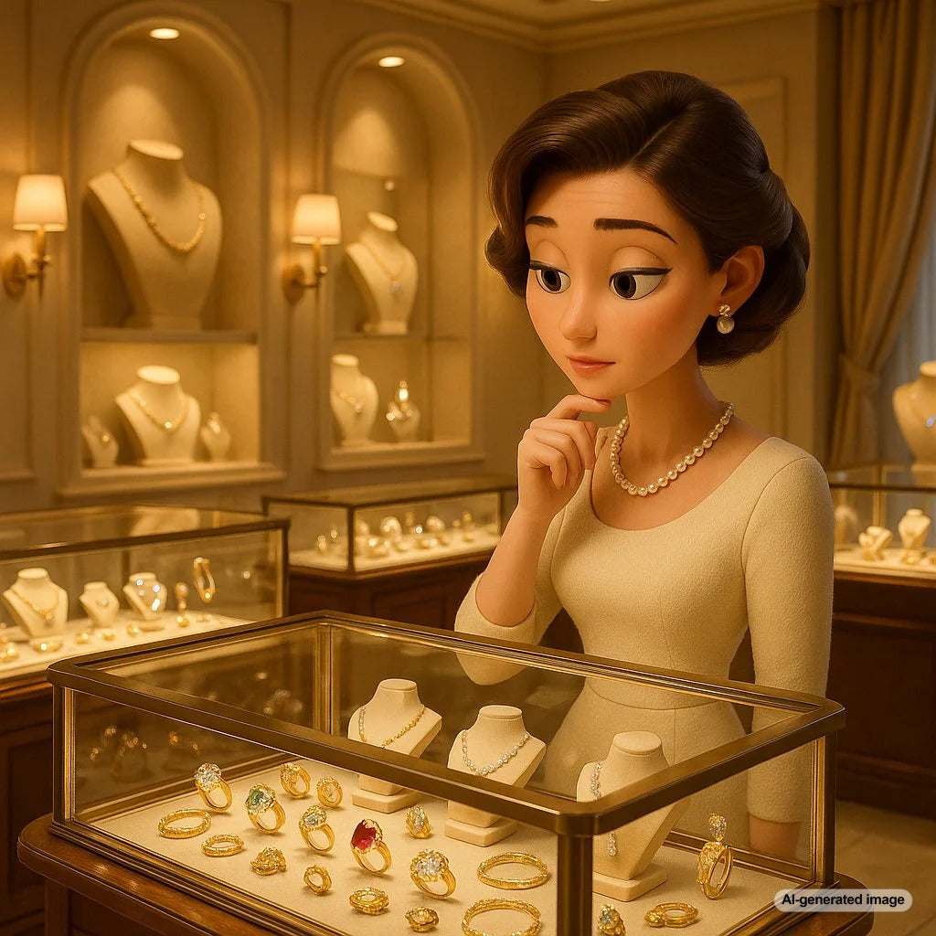 Curated selection of timeless jewelry pieces including diamond studs, pearl necklace, and gold bracelets displayed elegantly