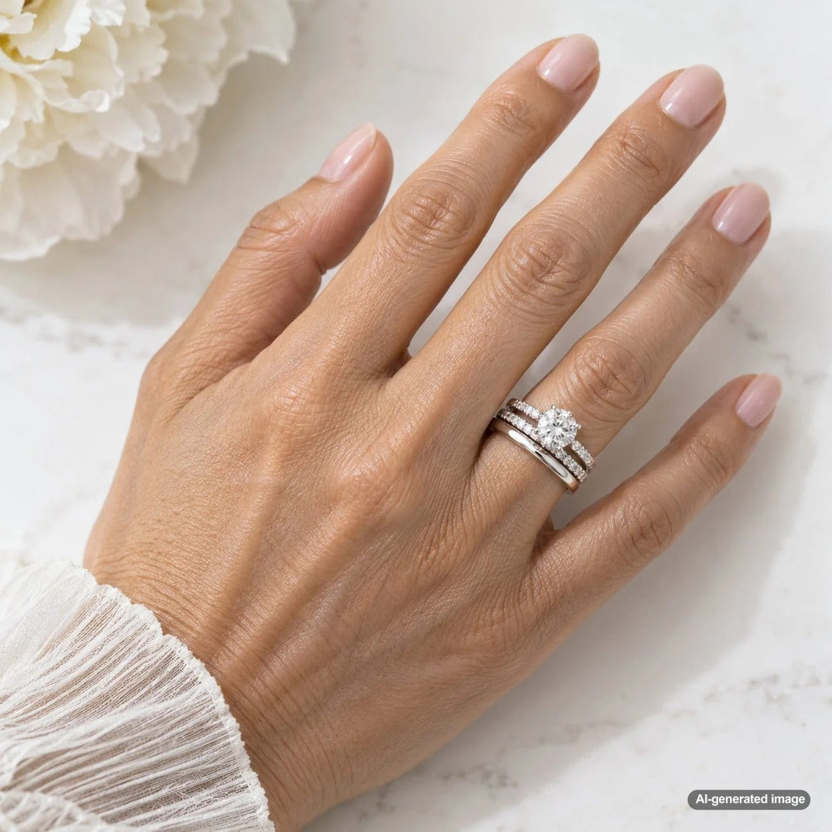 Balanced wedding ring stack featuring an engagement ring and coordinating diamond wedding bands