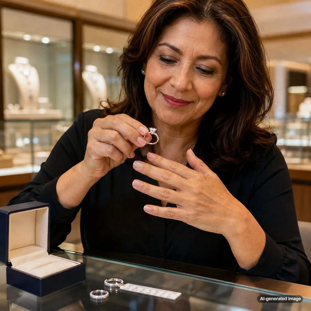An elegant engagement ring being sized with a traditional ring mandrel, with a soft focus background showing a happy couple, representing the joy of a surprise proposal and the importance of proper ring sizing at Robinson's Jewelers.