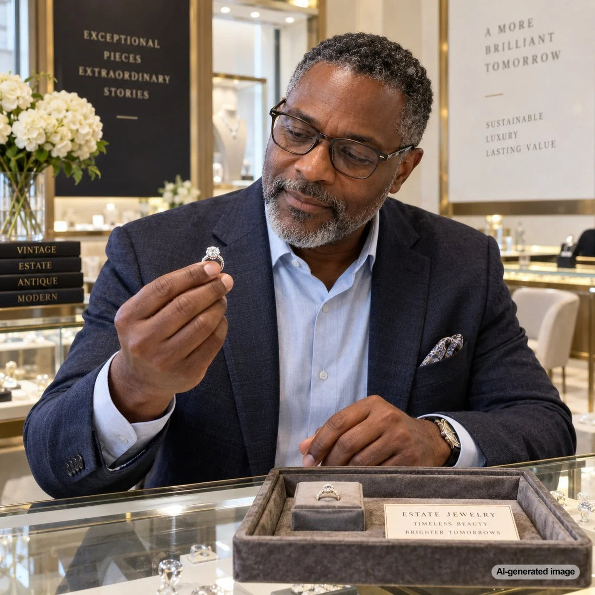 Estate diamond ring being examined by a jeweler when the original grading certificate is missing