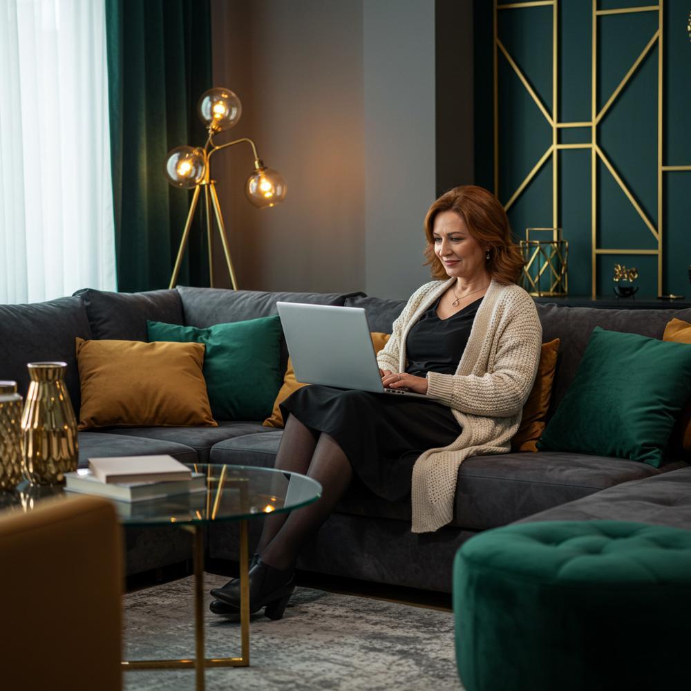 Woman admiring a beautiful diamond ring while shopping for fine jewelry online