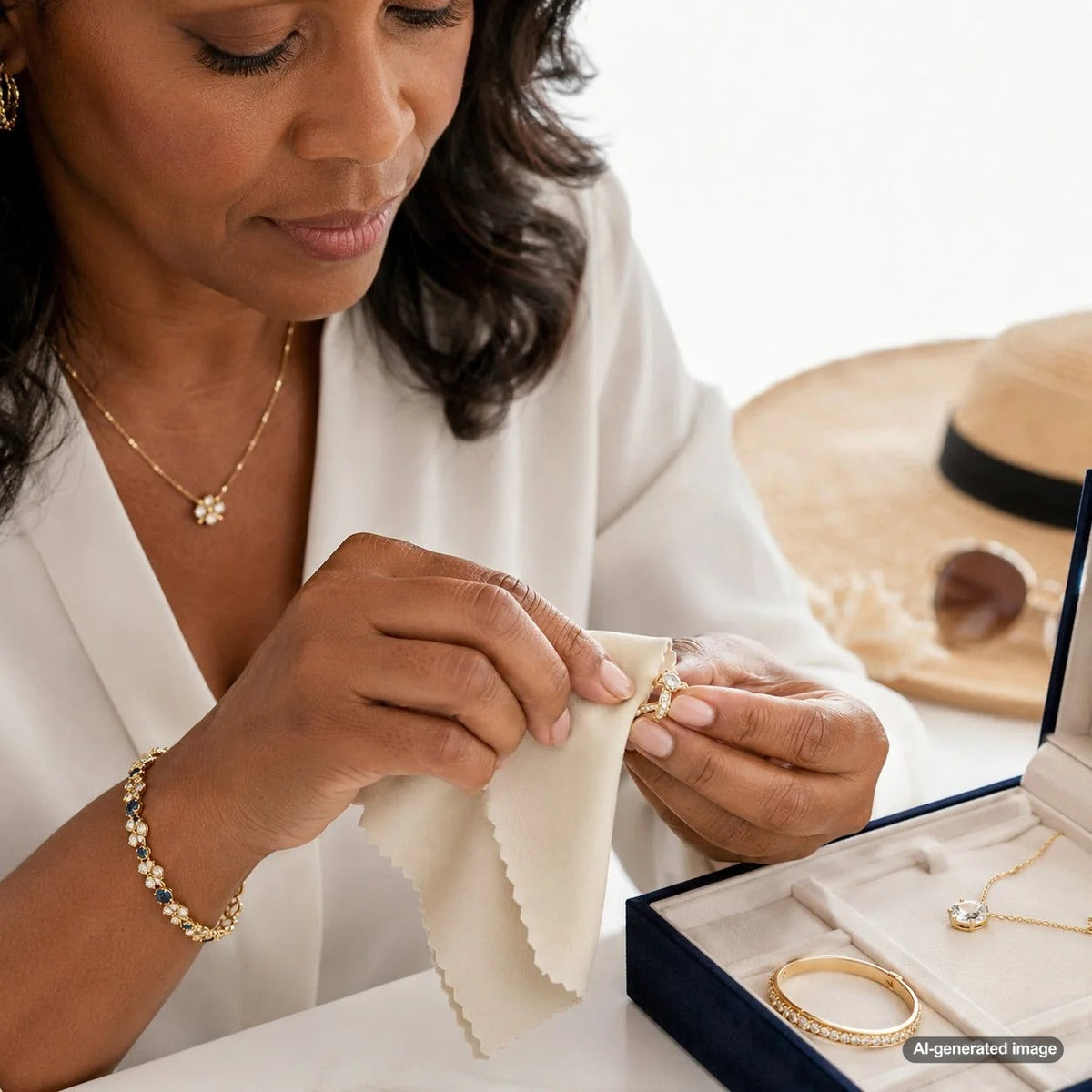 A beautiful display of fine jewelry including diamond rings, necklaces, and bracelets, elegantly arranged on a sandy beach with ocean waves in the background, representing the need for post-beach vacation jewelry care.