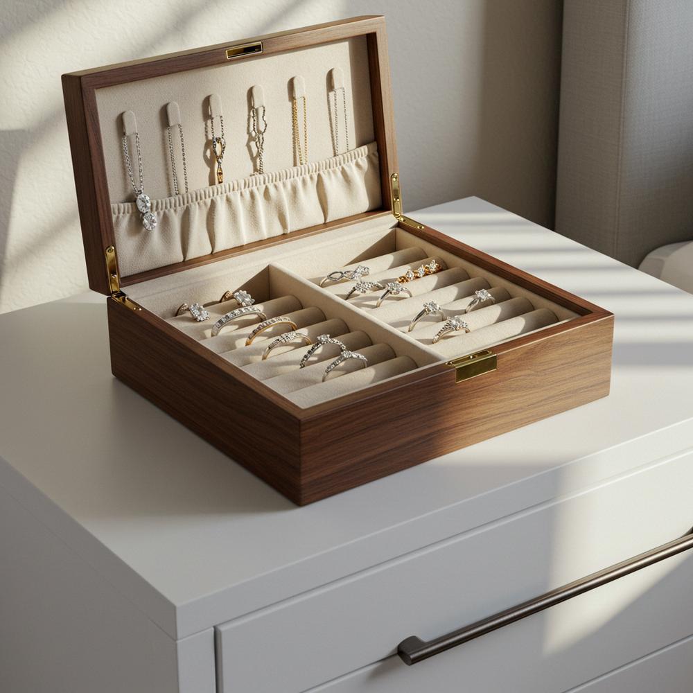 A woman carefully cleaning a diamond ring with a soft cloth, surrounded by jewelry care tools