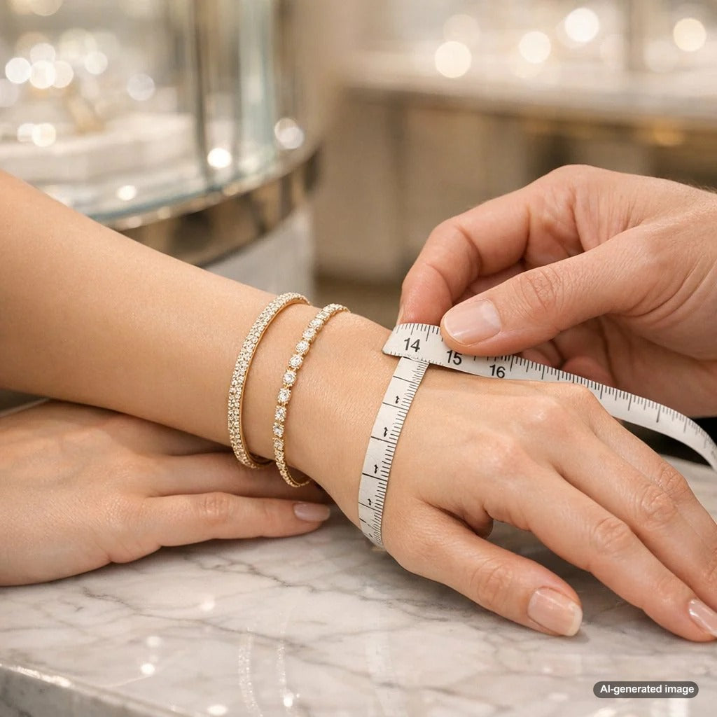 Close-up image of a woman's wrist with a beautifully fitting diamond tennis bracelet, demonstrating the perfect balance between tight and loose fit.