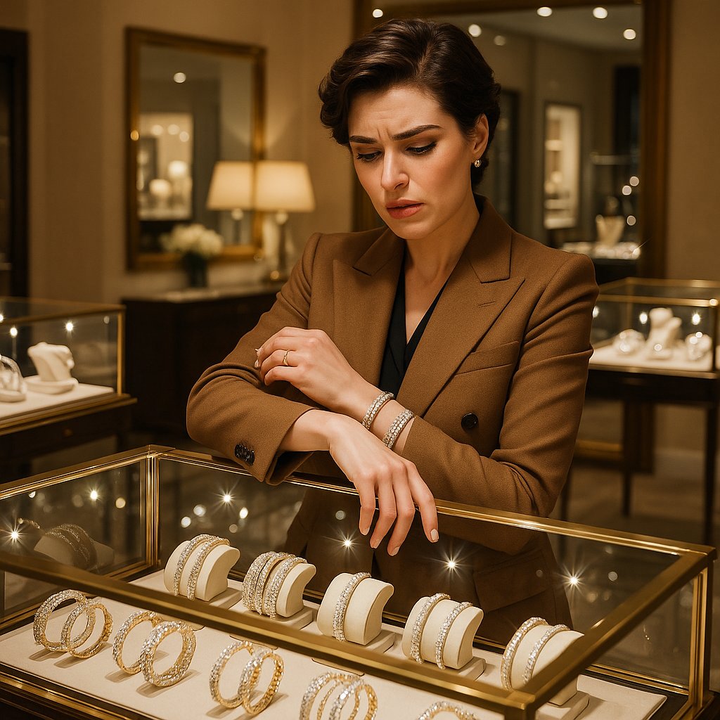 Woman measuring her wrist for a bracelet with a flexible tape alongside beautiful gold and diamond bracelets from Robinson's Jewelers