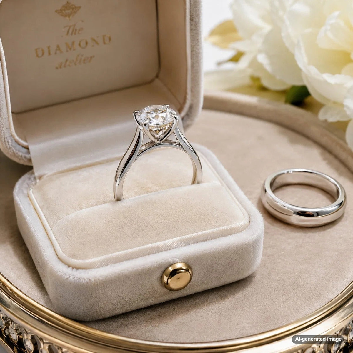 A side-view of a stunning cathedral engagement ring showcasing the elegant metal arches that elevate the diamond.