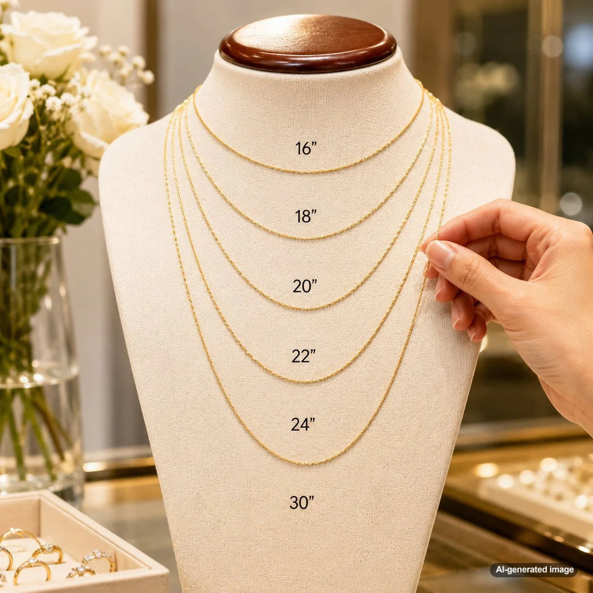 Woman styling a gold chain necklace with a round neckline t-shirt, illustrating the perfect Princess length for a classic crewneck.
