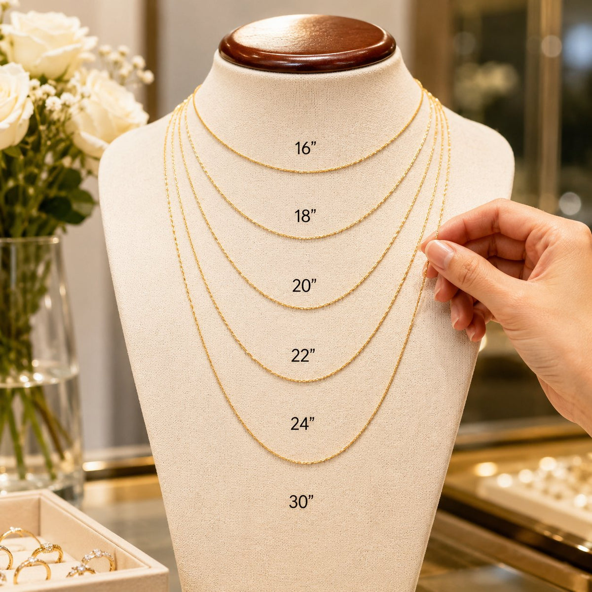 Woman styling a gold chain necklace with a round neckline t-shirt, illustrating the perfect Princess length for a classic crewneck.